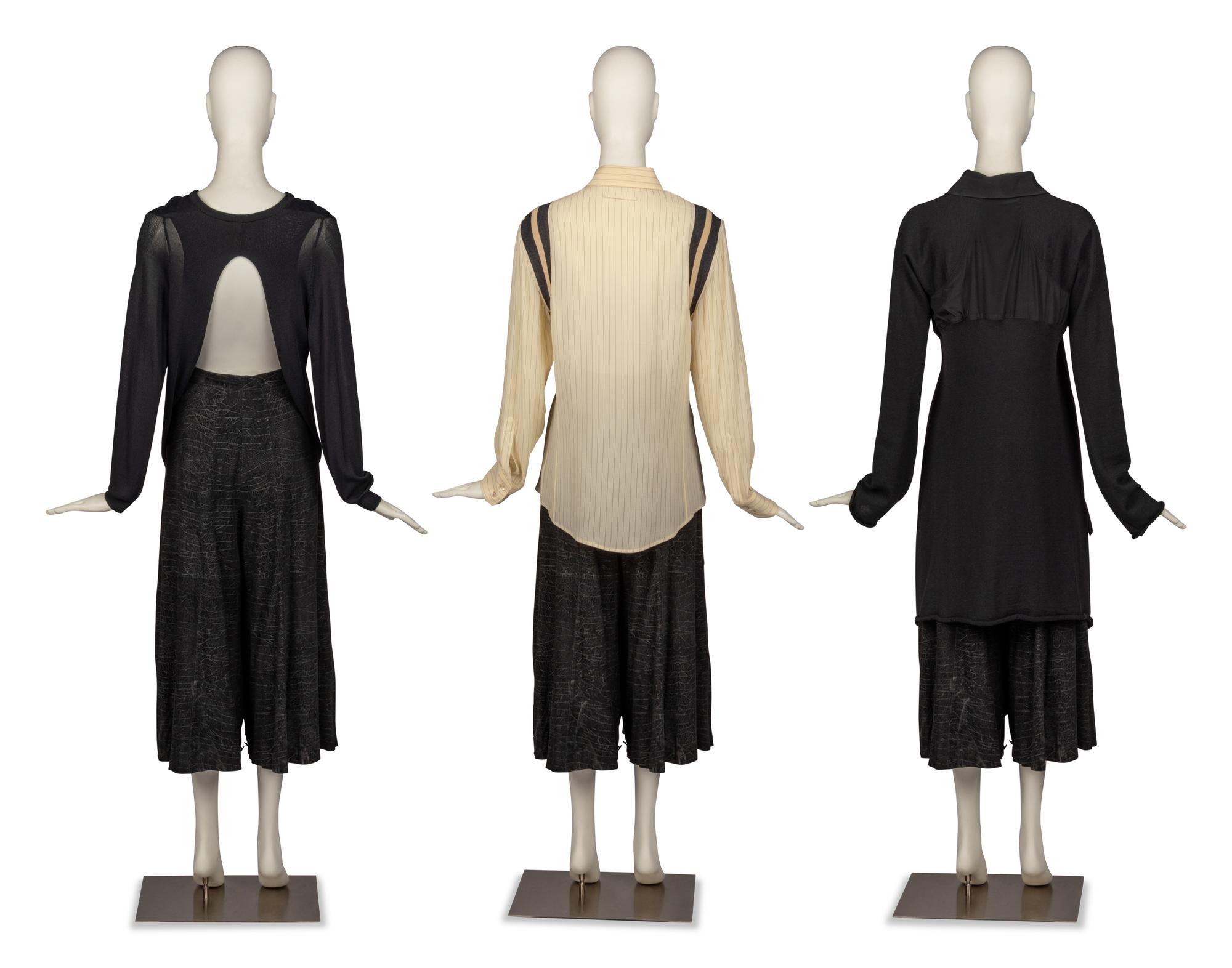 Ann Demeulemeester Sweater, Jean Paul Gaultier Blouse, Yohji Yamamoto Jacket, and Gianfranco Ferré Pant, 1990s