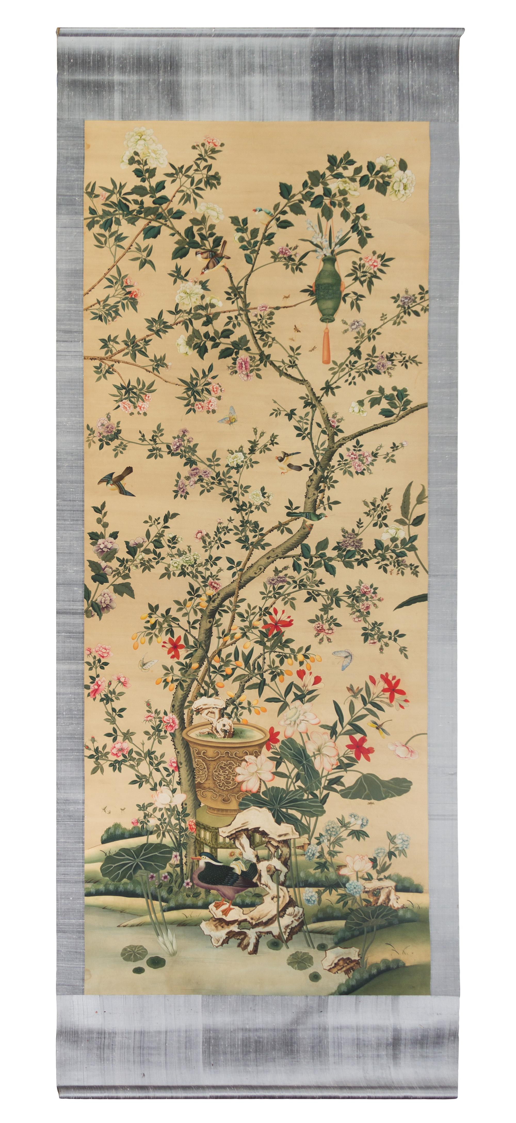 A Large Chinese Hand-Painted Wall Paper Panel 19TH CENTURY OR EARLIER 122 1/2 x 48 inches. — 19TH CENTURY OR EARLIER