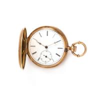 GILT-METAL, ENAMEL AND DIAMOND HUNTER CASE POCKET WATCH