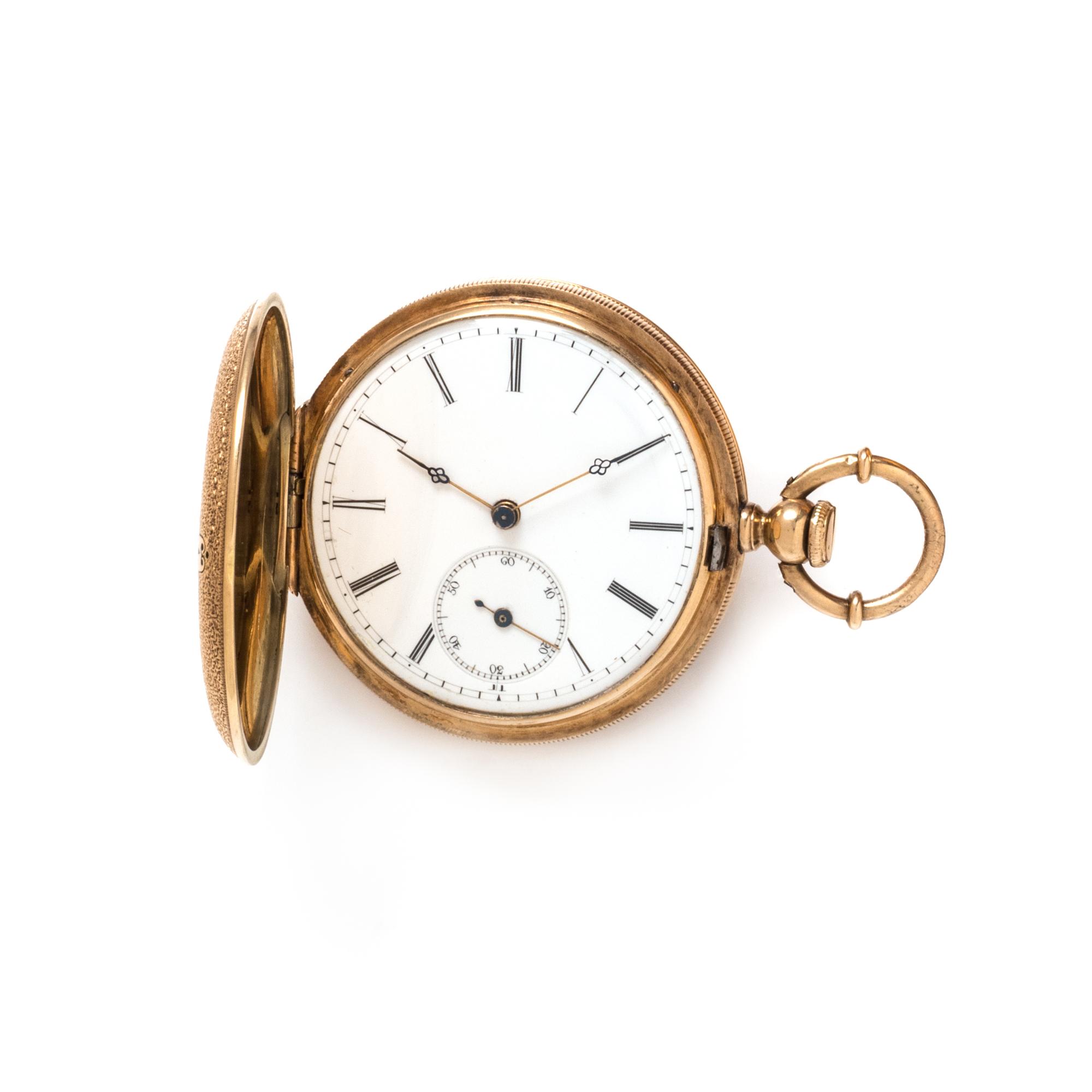 GILT-METAL, ENAMEL AND DIAMOND HUNTER CASE POCKET WATCH