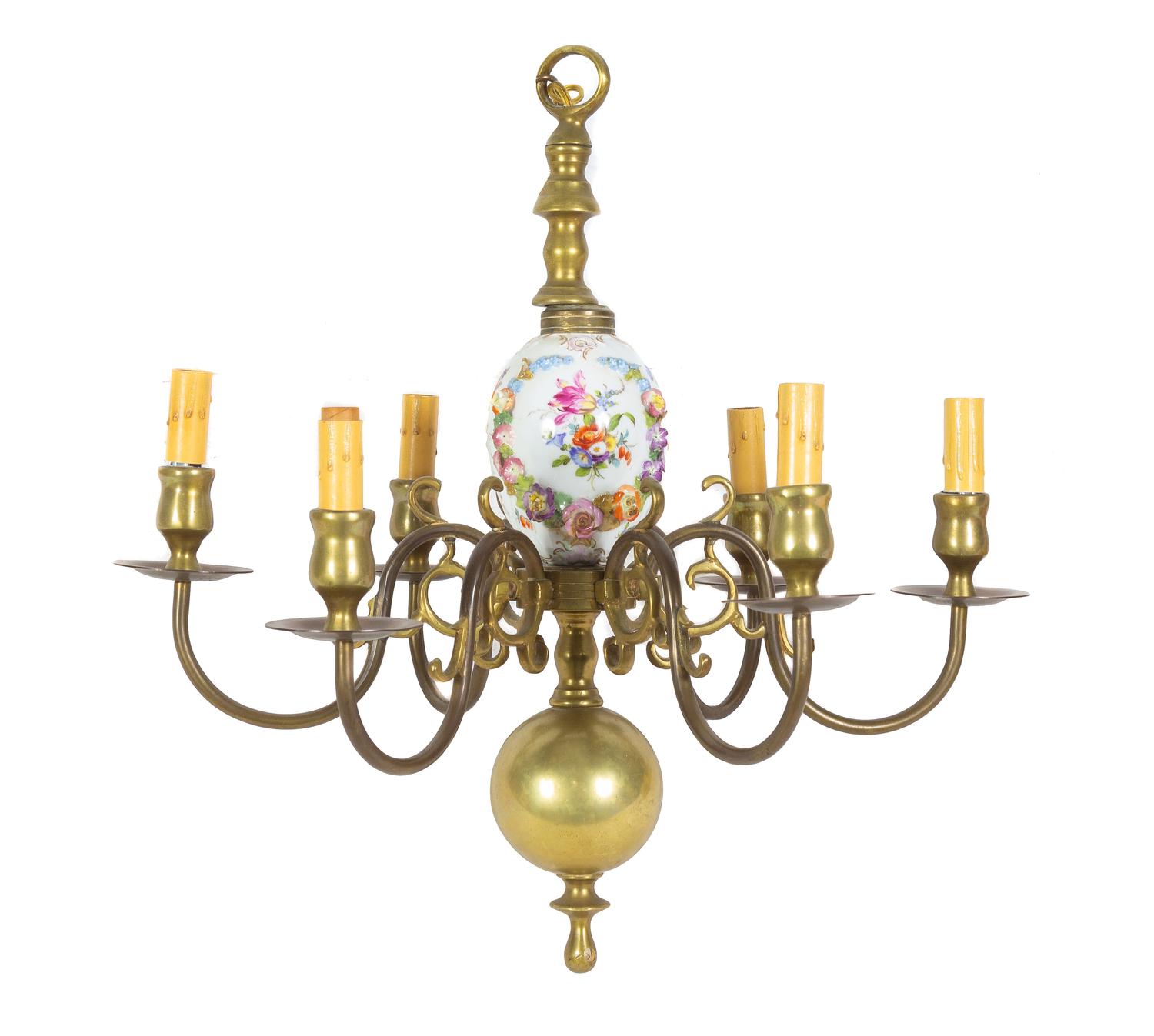 A Baroque Style Porcelain Mounted Brass Chandelier