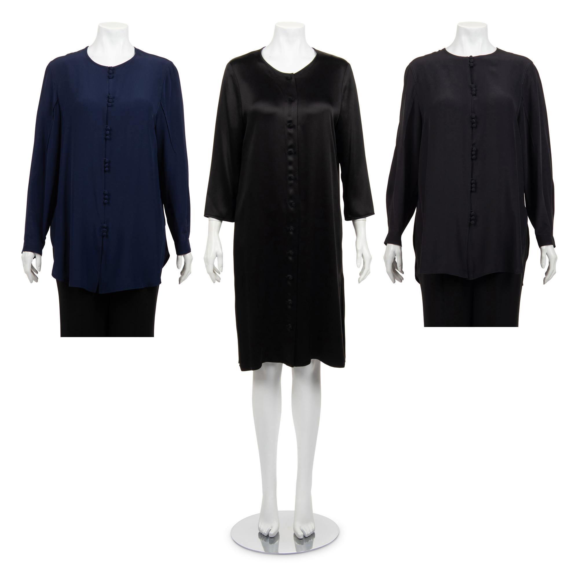 Three Ralph Rucci Pieces: Two Silk Button Down Shirts and One Silk Shirt Dress