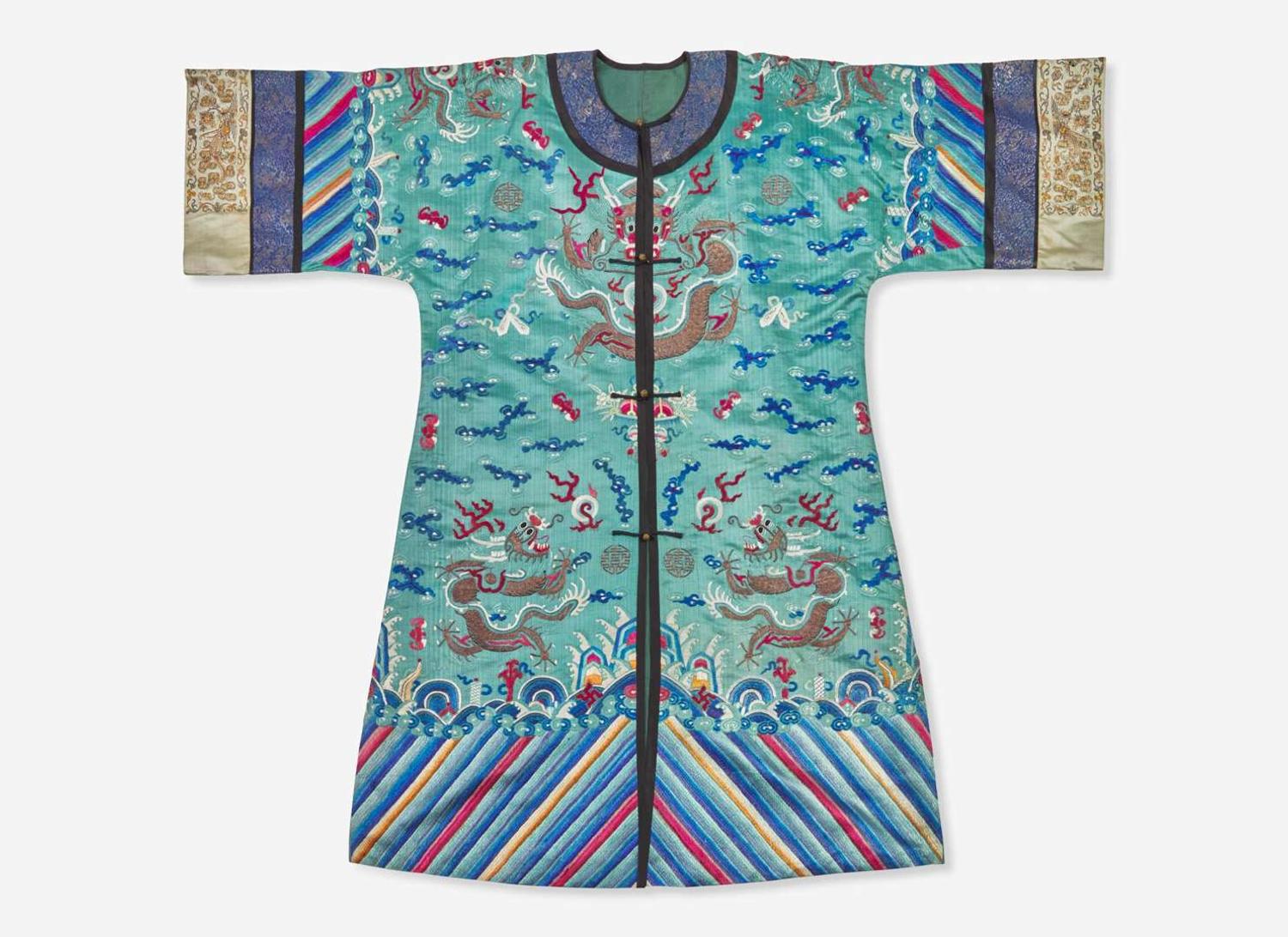 A Chinese embroidered teal blue silk "Dragon" surcoat, late 19th to 20th century 刺繡青藍龍紋袍 十九或二十世紀