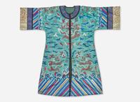 A Chinese embroidered teal blue silk "Dragon" surcoat, late 19th to 20th century 刺繡青藍龍紋袍 十九或二十世紀