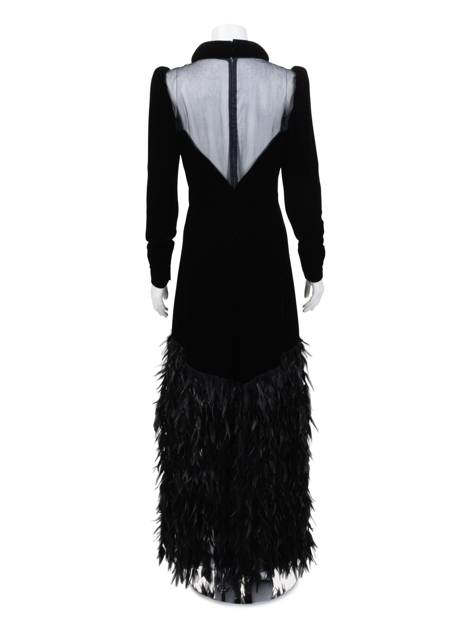 Givenchy Haute Couture Velvet Dress with Feathers, 1970-80s