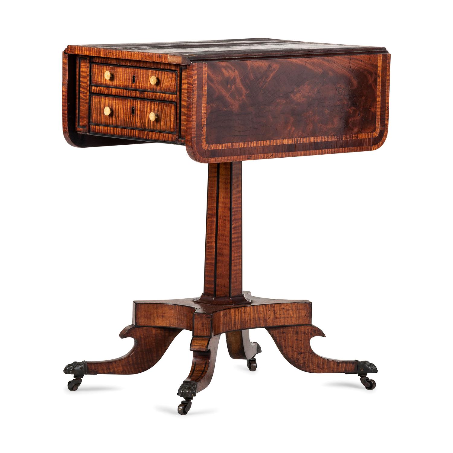 A Regency Inlaid and Figured Maple and Mahogany Work Table