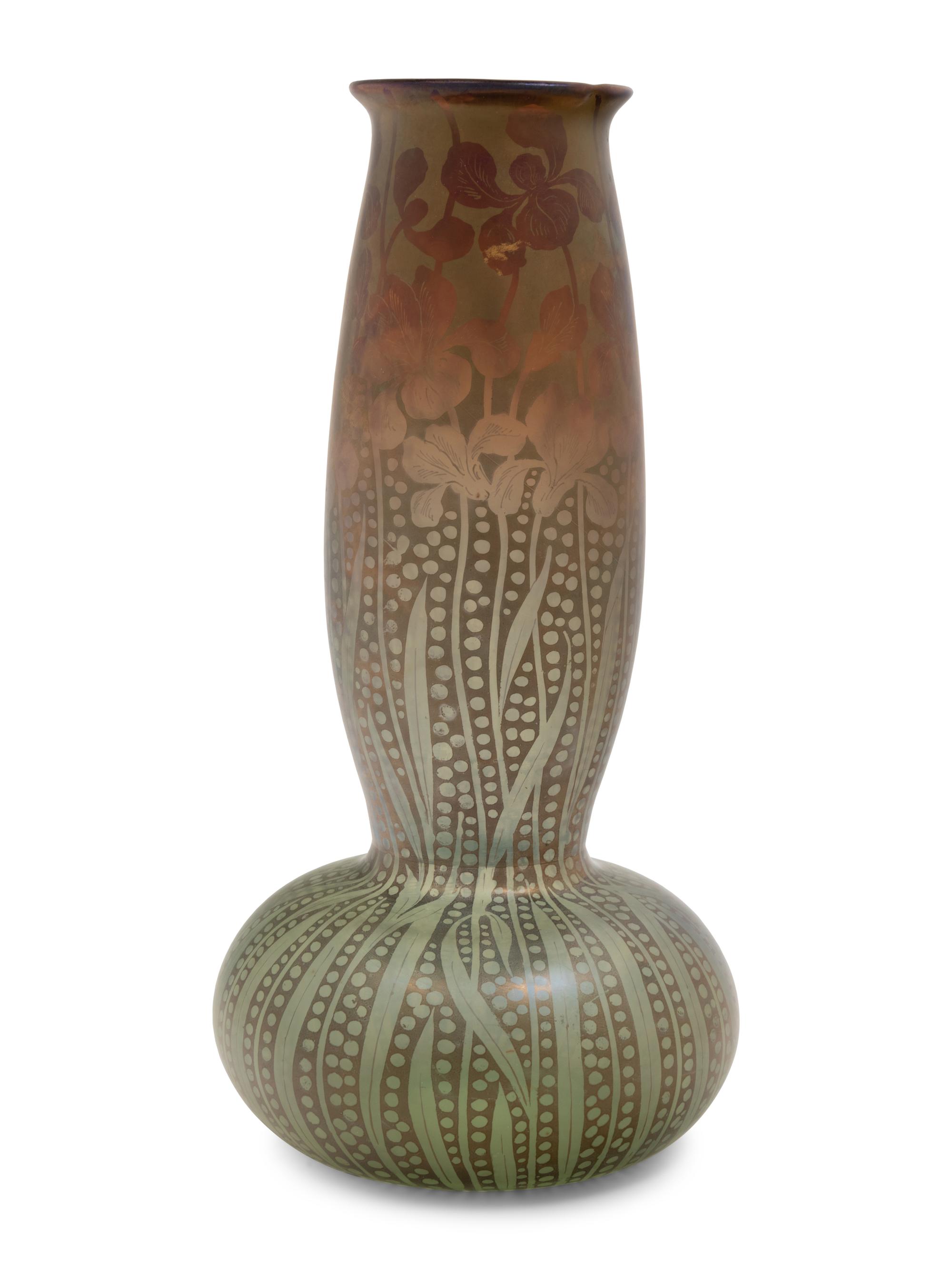 An Iridescent Glass Vase with Irises