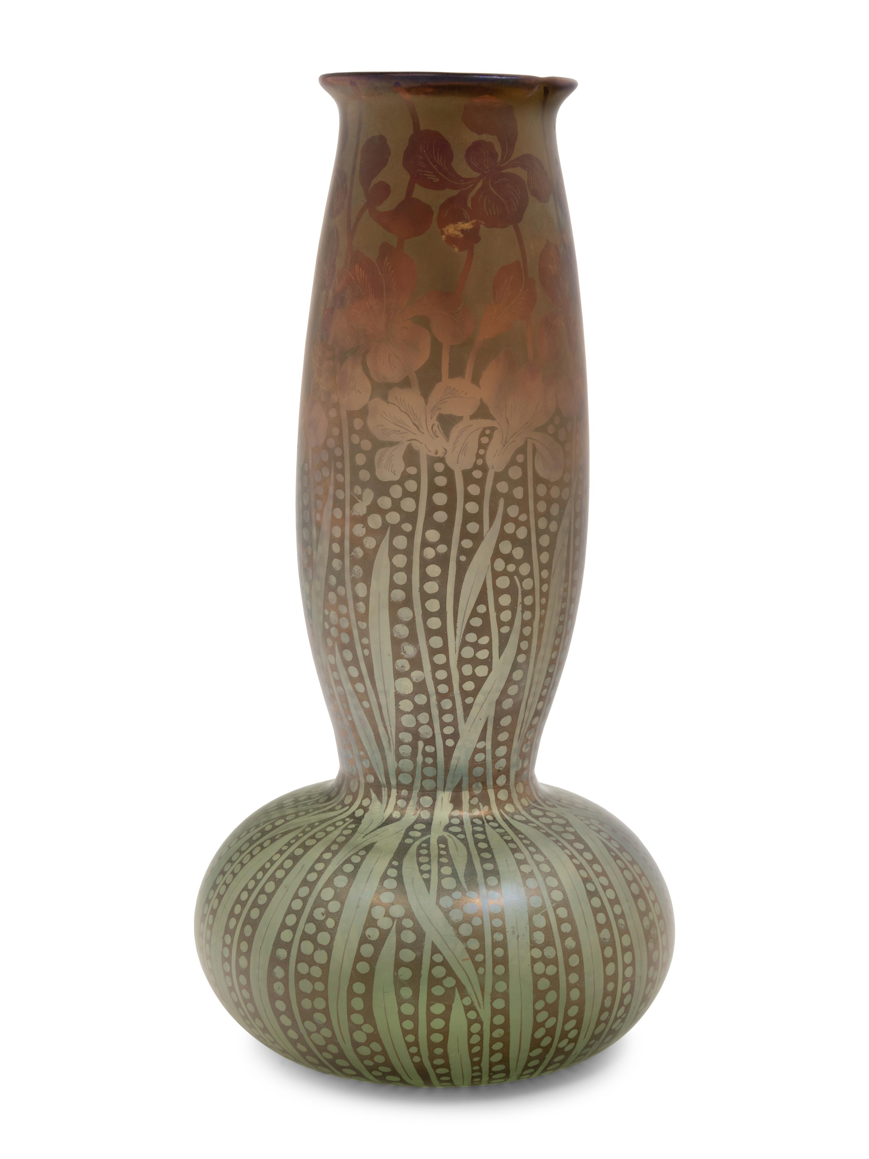 An Iridescent Glass Vase with Irises