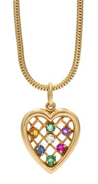 A Retro Yellow Gold and Multi Gem "DEAREST' Pendant, 8.20 dwts.