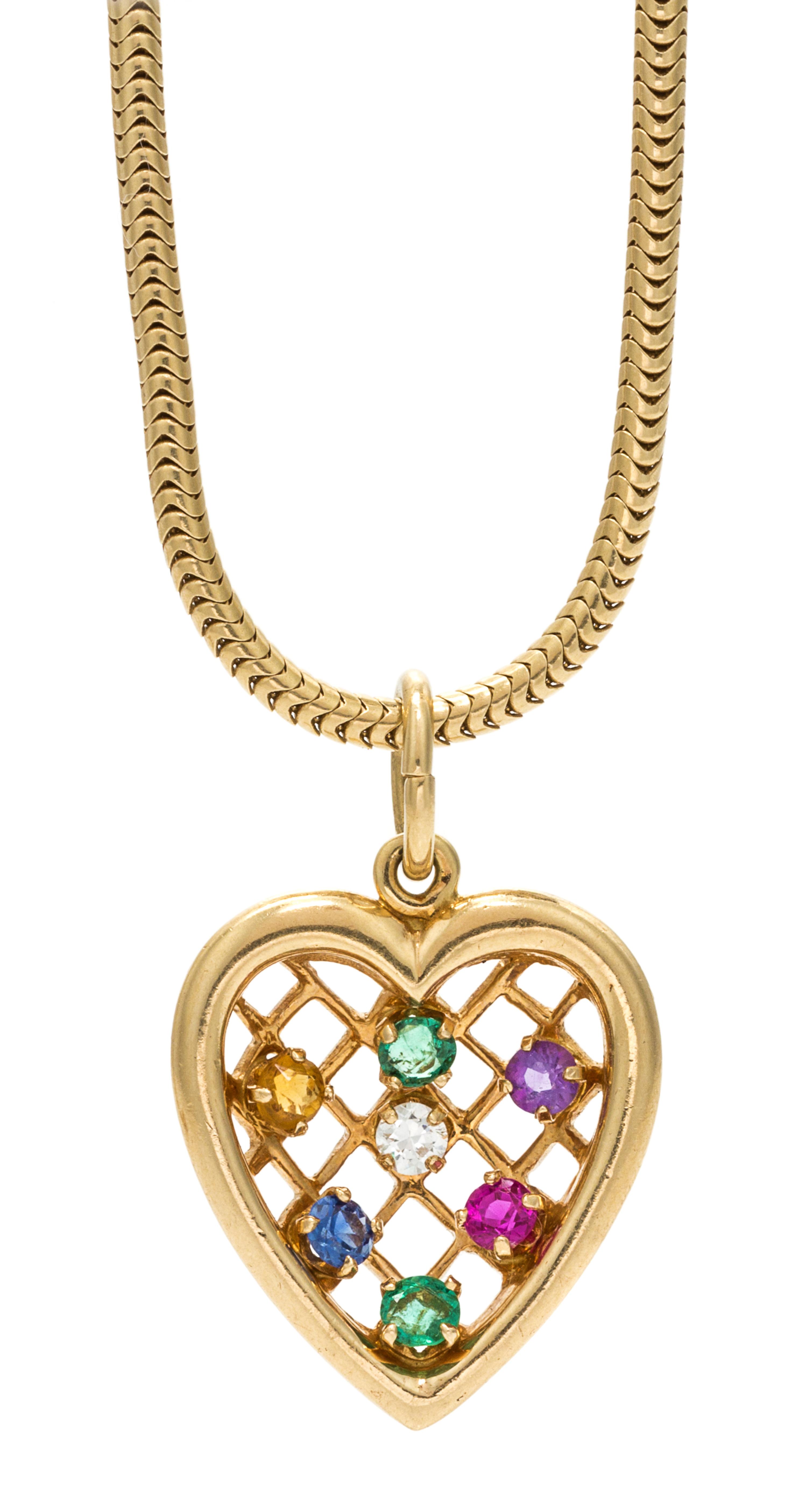 A Retro Yellow Gold and Multi Gem "DEAREST' Pendant, 8.20 dwts.