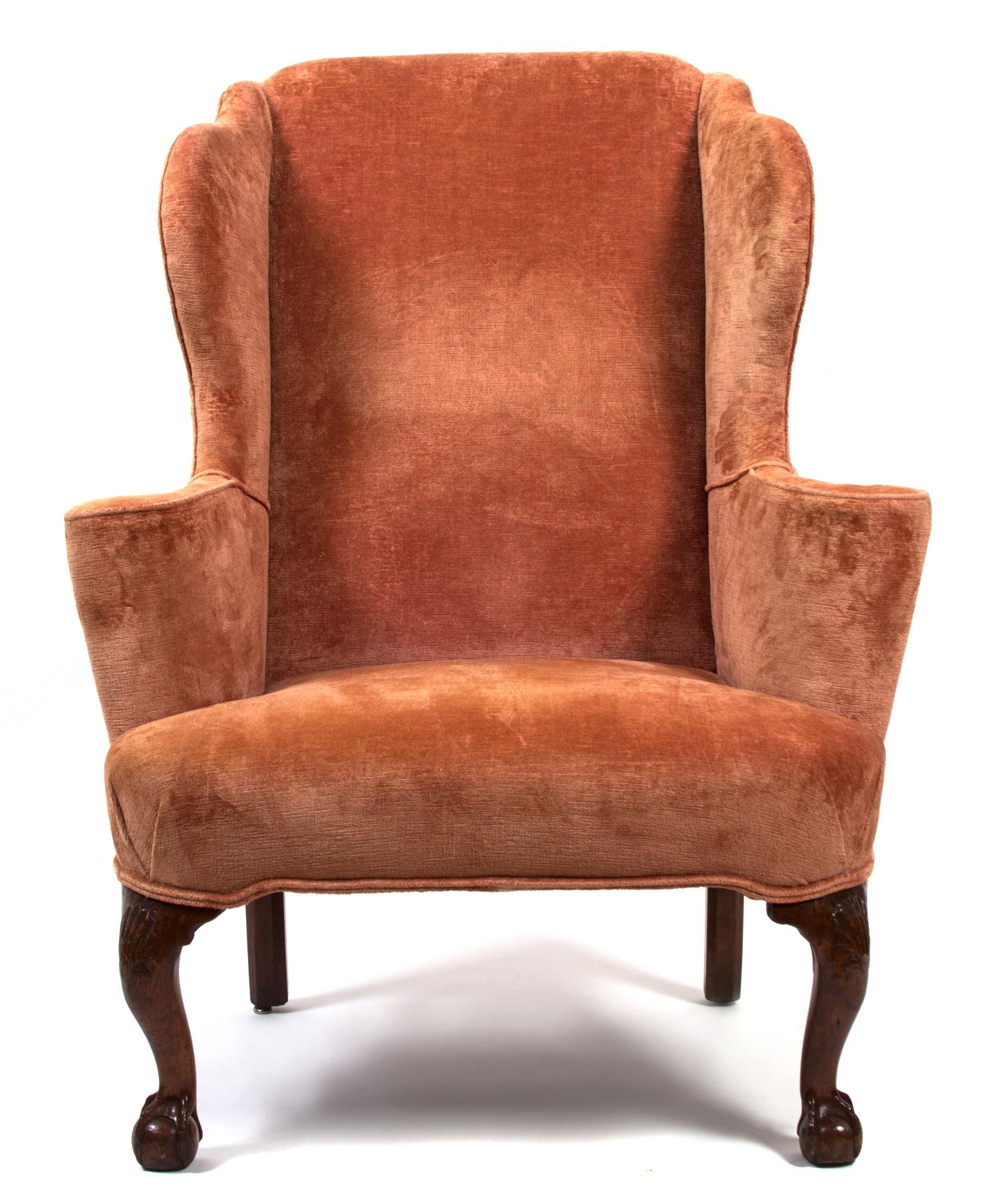 A George I Style Walnut Upholstered Wing Chair Height 46 inches. — EARLY 19TH CENTURY