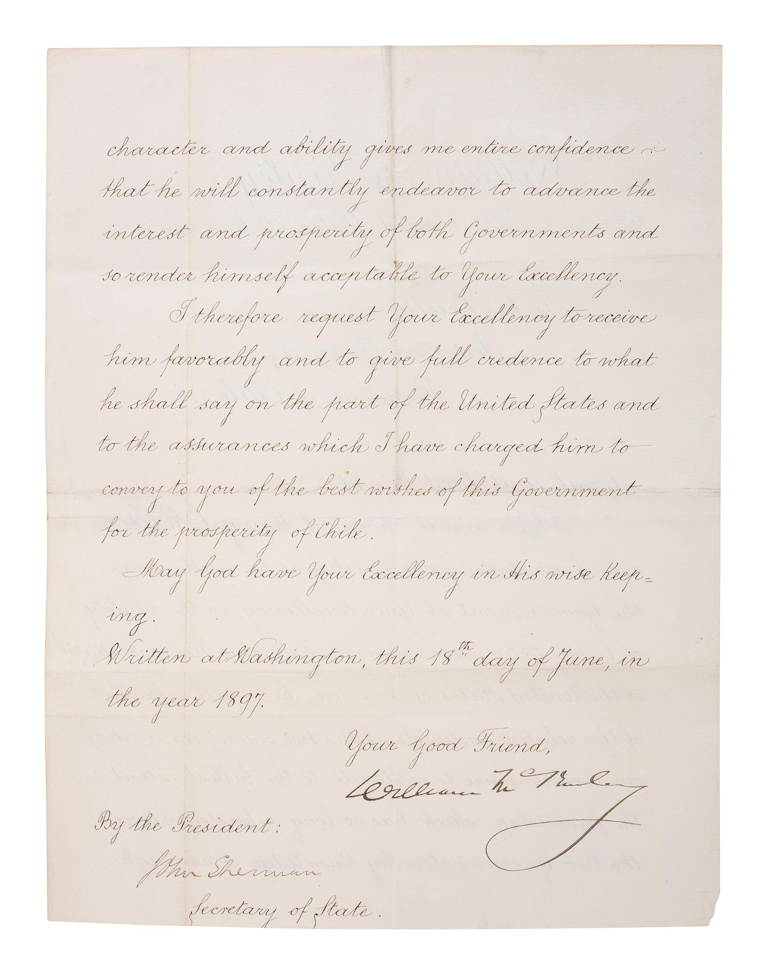 [US PRESIDENTS] -- [MCKINLEY, William (1843-1901)]. Letter Signed as President, to Chilean President Federico Errázuriz Echaurren. Washington, DC, 18 June 1897.