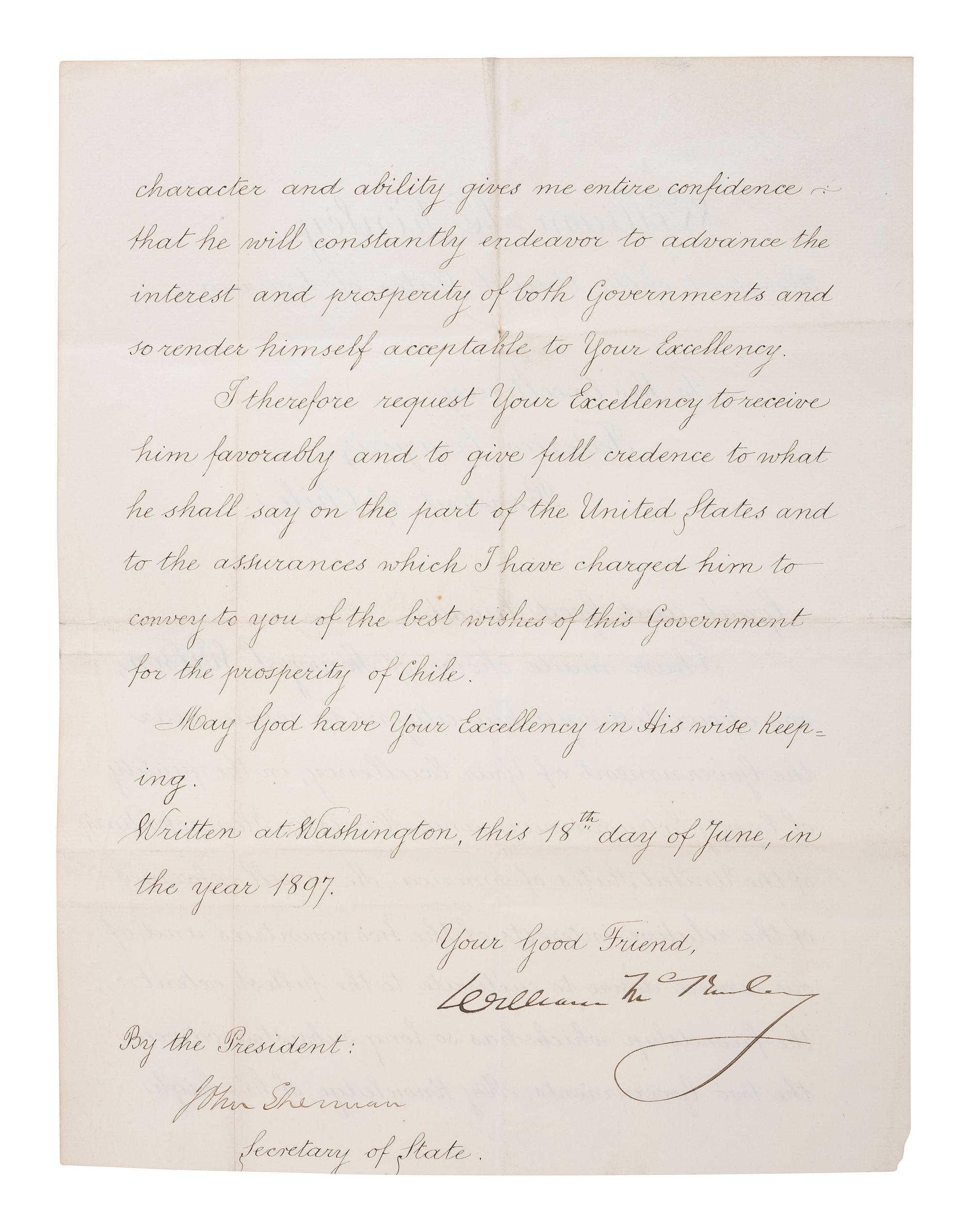[US PRESIDENTS] -- [MCKINLEY, William (1843-1901)]. Letter Signed as President, to Chilean President Federico Errázuriz Echaurren. Washington, DC, 18 June 1897.
