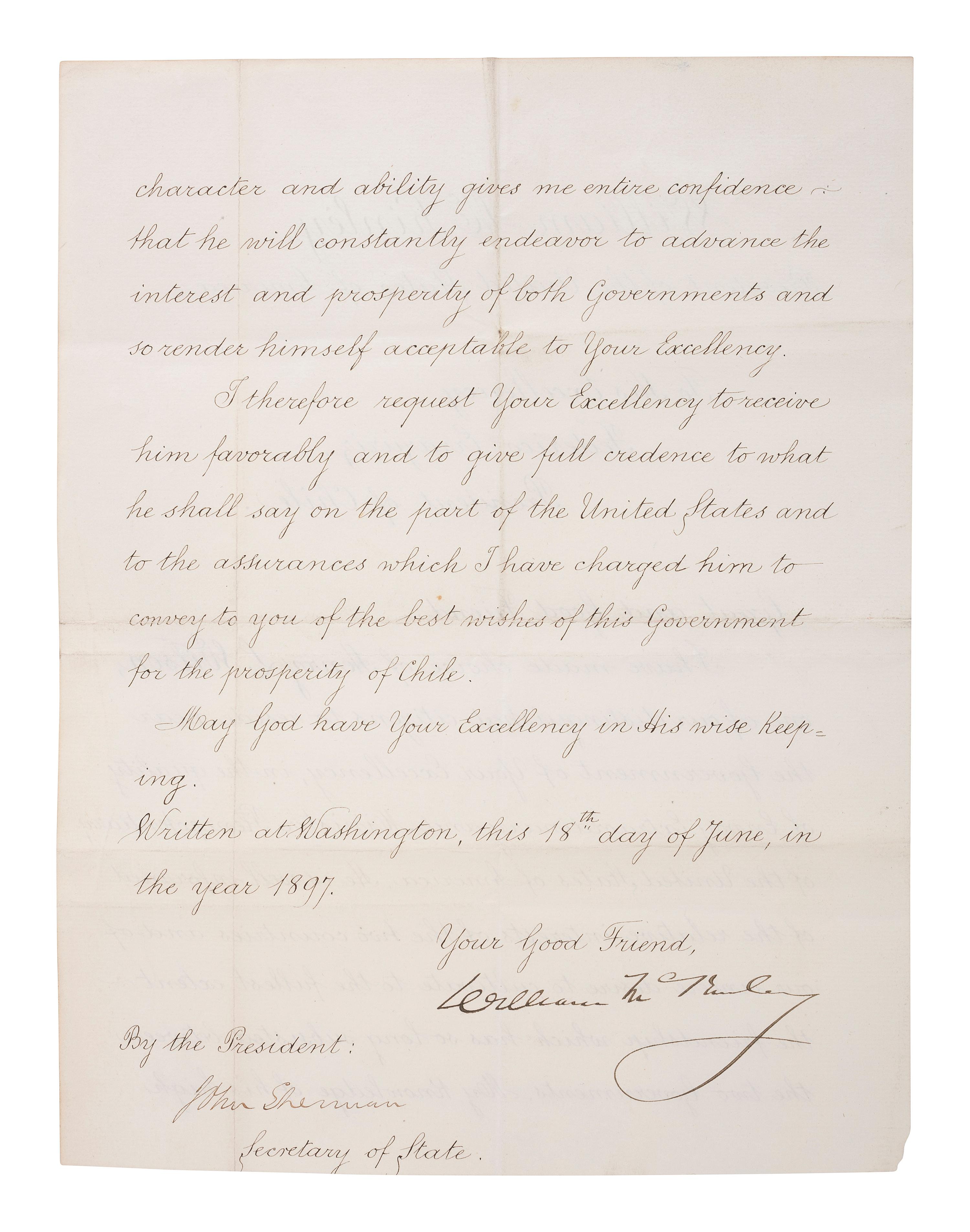[US PRESIDENTS] -- [MCKINLEY, William (1843-1901)]. Letter Signed as President, to Chilean President Federico Errázuriz Echaurren. Washington, DC, 18 June 1897.