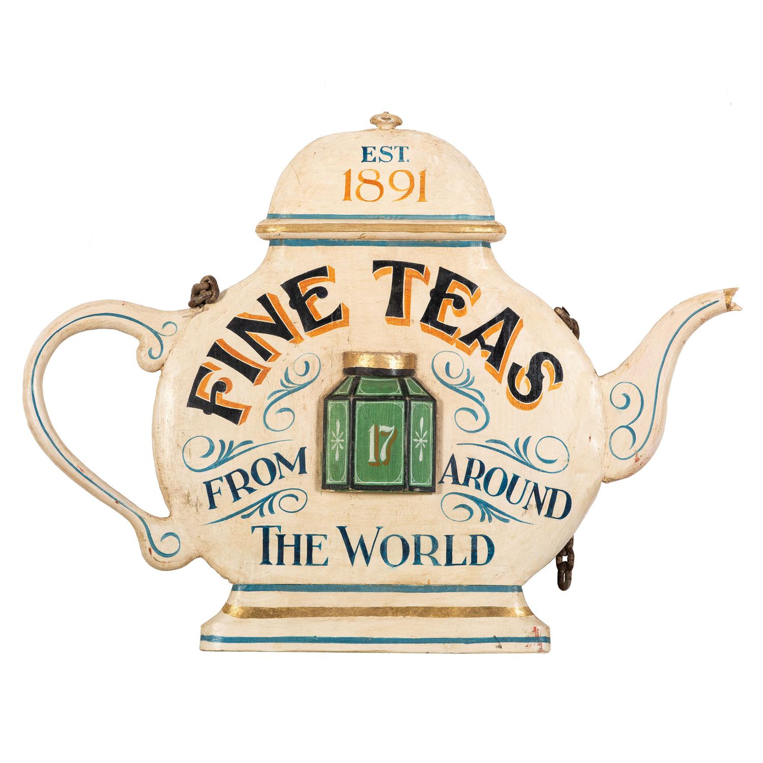 A Fine Teas From Around the World Painted Tea-Pot Form Shop Sign