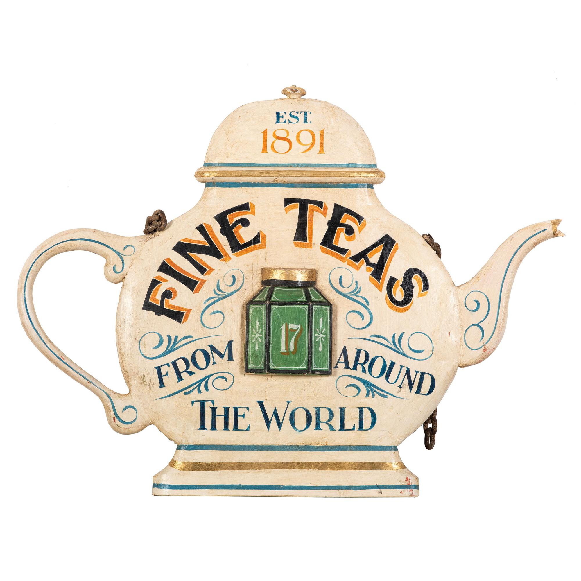 A Fine Teas From Around the World Painted Tea-Pot Form Shop Sign