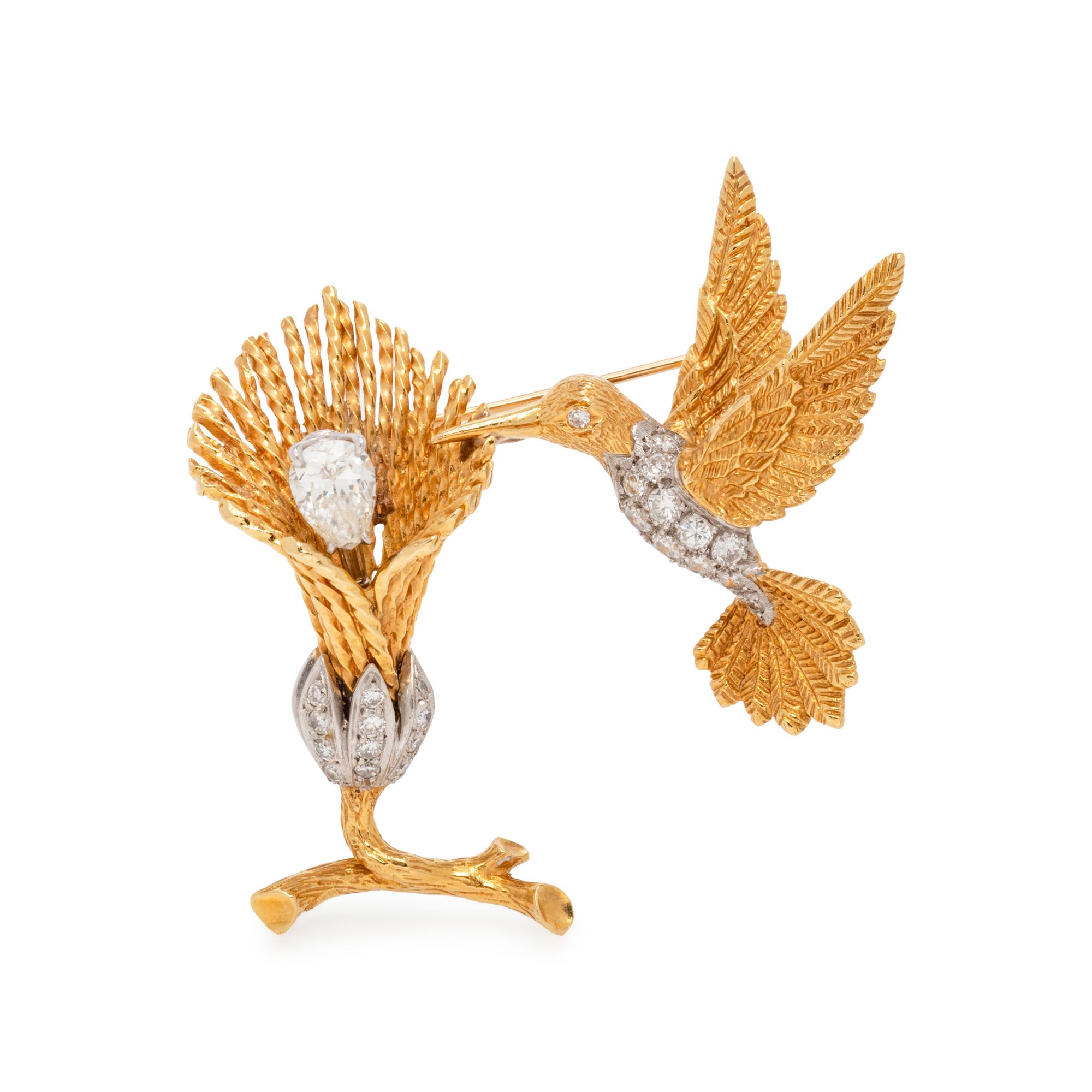 SOLD: YELLOW GOLD AND DIAMOND HUMMINGBIRD BROOCH