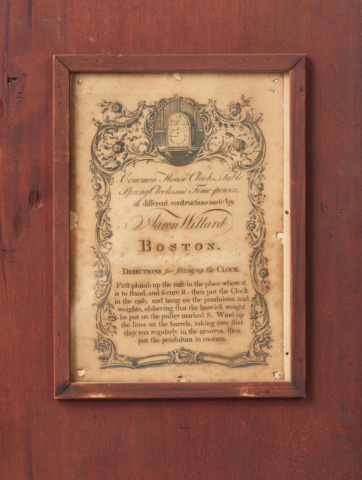 A Federal Carved Mahogany Labeled Tall Case Clock, Aaron Willard (1757-1844), Boston, MA, Circa 1810