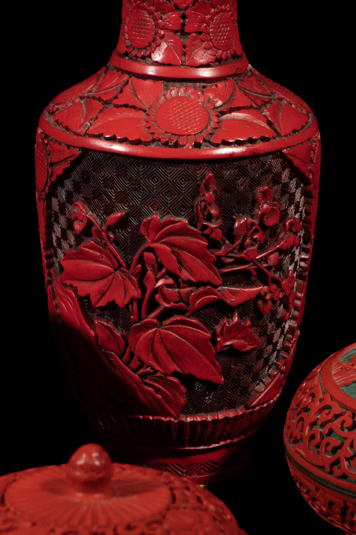 Eight Chinese Carved Red Lacquered Vessels