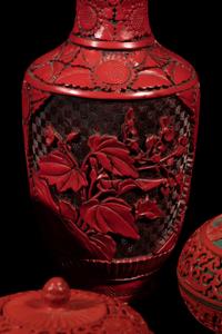 Eight Chinese Carved Red Lacquered Vessels
