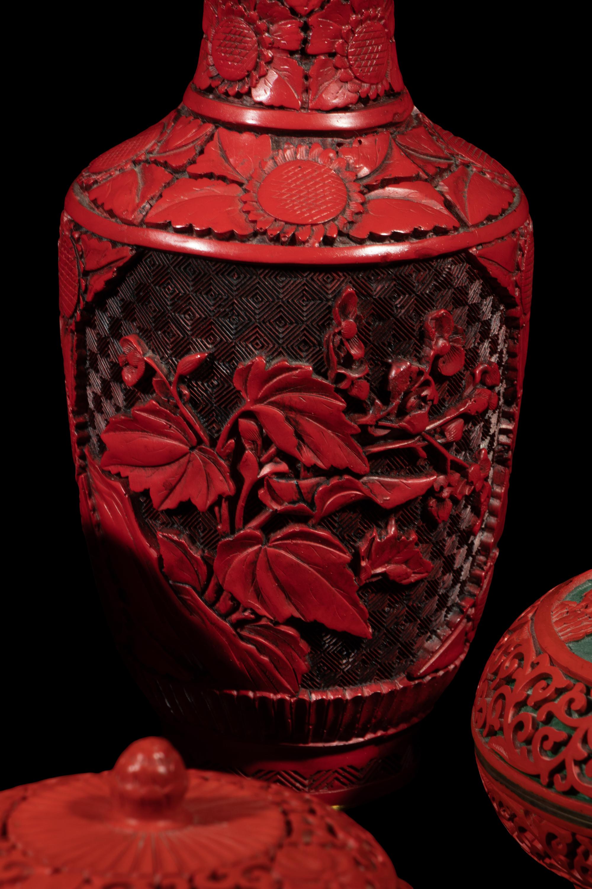 Eight Chinese Carved Red Lacquered Vessels