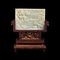A Chinese Pale Celadon Jade 'Figures in Landscape' Rectangular Table Screen, 18th/Early 19th Century — 清中期 青白玉双面工漁樵耕讀圖砚屏
