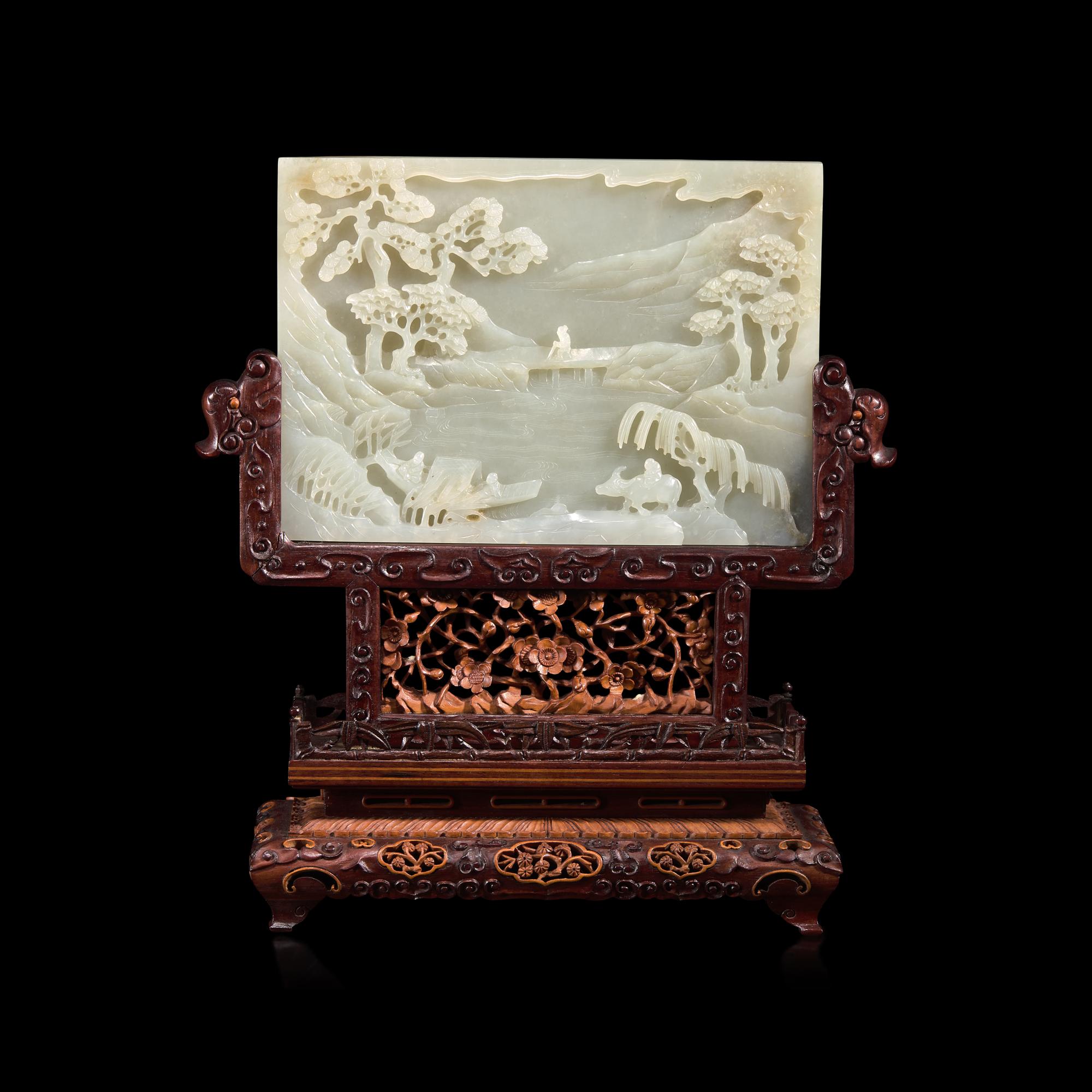 A Chinese Pale Celadon Jade 'Figures in Landscape' Rectangular Table Screen, 18th/Early 19th Century — 清中期 青白玉双面工漁樵耕讀圖砚屏
