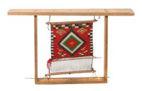 Three Navajo Weavings on Looms Height of largest loom 27 x width 43 3/4 inches.