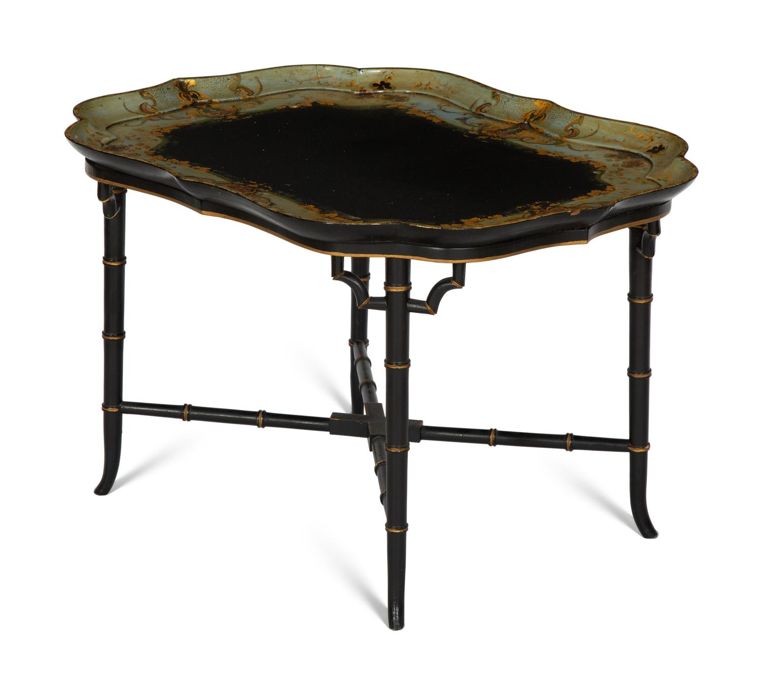 A Regency Style Black and Polychromed Lacquer Tray Top Table
