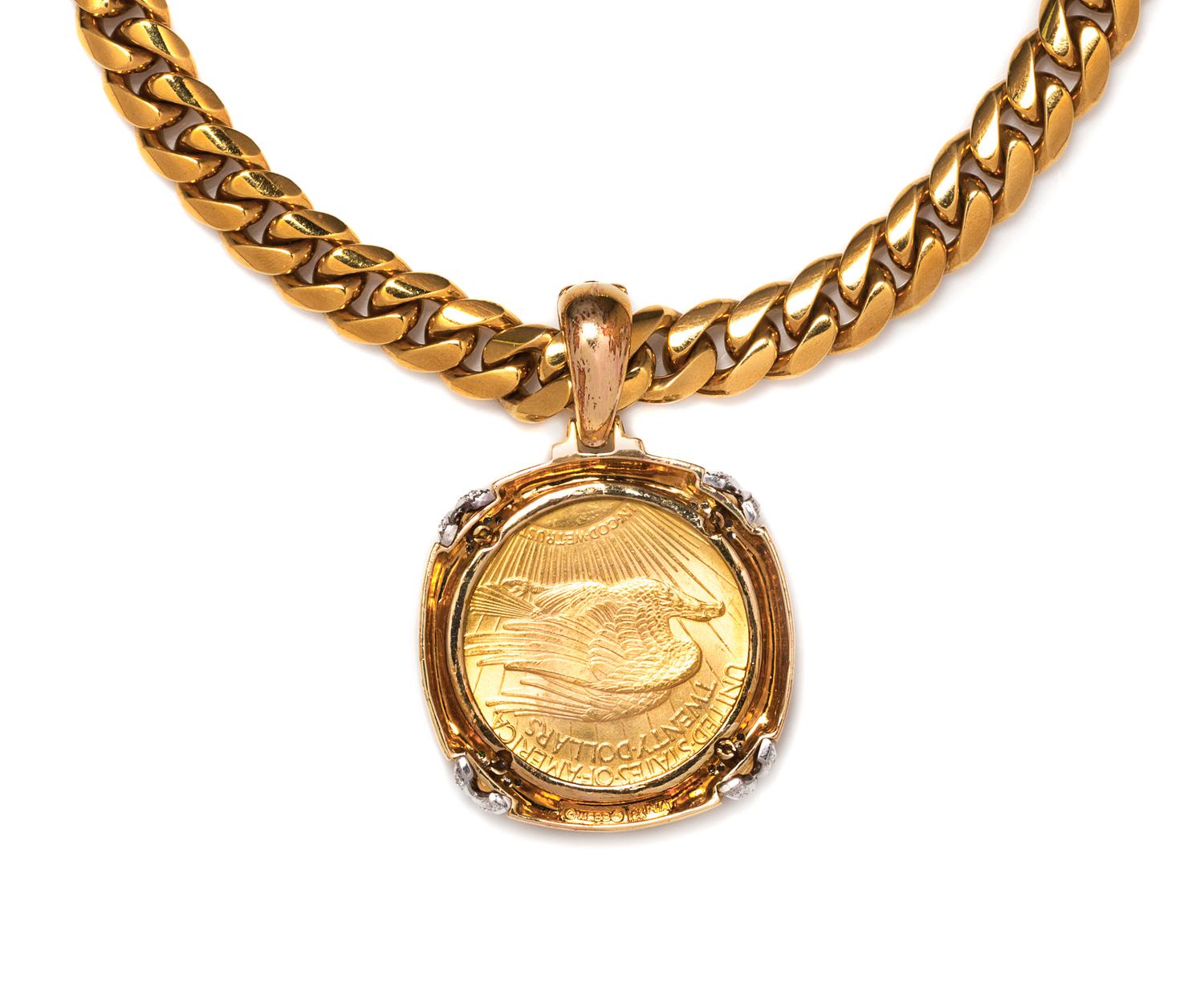 An 18 Karat Yellow Gold Curb Link Chain Necklace and 18 Karat Gold, Diamond and Gold Coin Pendant, David Webb, 148.30 dwts.