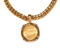 An 18 Karat Yellow Gold Curb Link Chain Necklace and 18 Karat Gold, Diamond and Gold Coin Pendant, David Webb, 148.30 dwts.