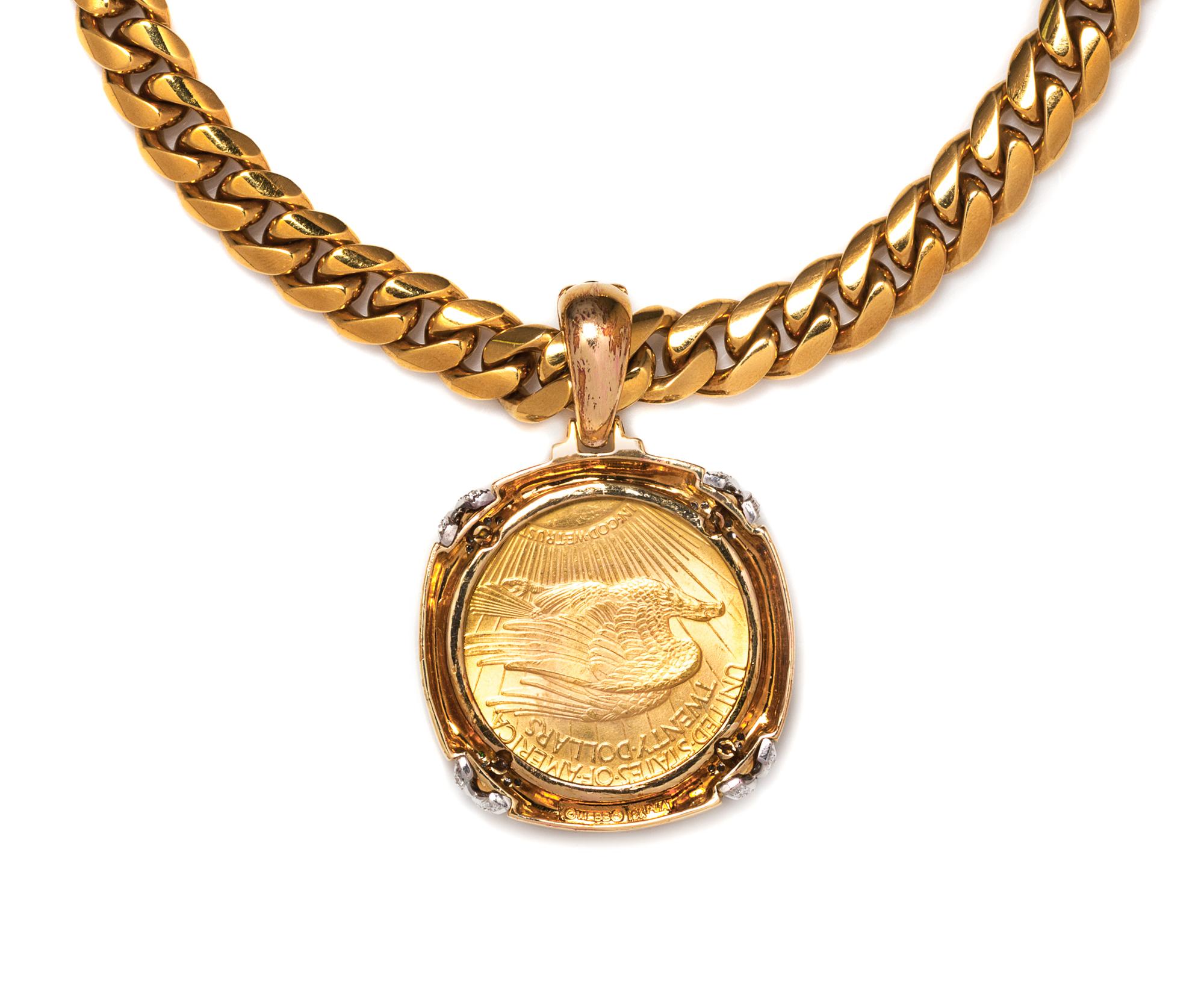 An 18 Karat Yellow Gold Curb Link Chain Necklace and 18 Karat Gold, Diamond and Gold Coin Pendant, David Webb, 148.30 dwts.
