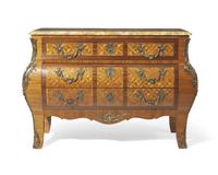 A Louis XV Style Gilt-Bronze Mounted Parquetry Bombé Commode with Breccia Persichina Marble Top