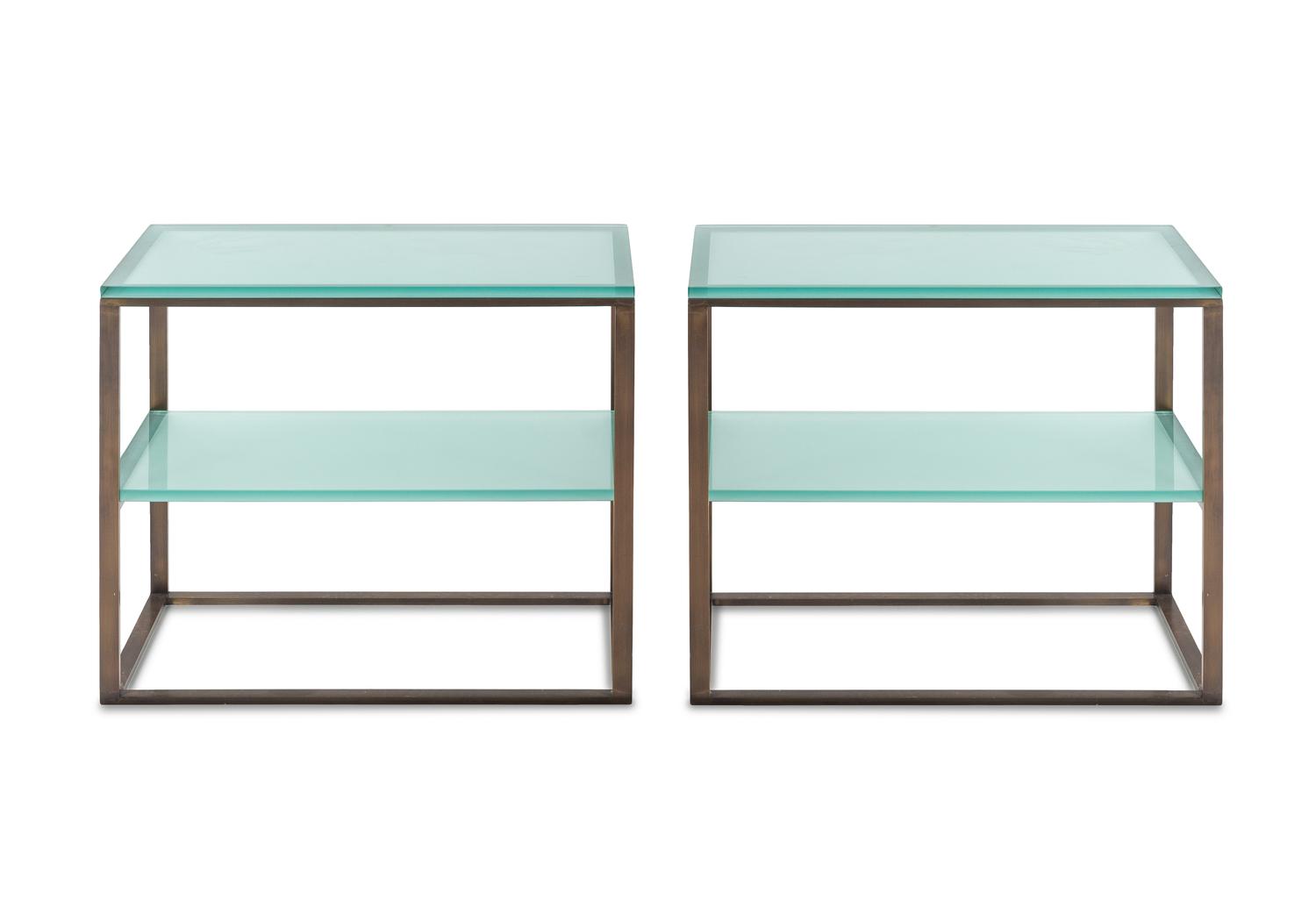A Pair of Brass and Frosted Glass End Tables