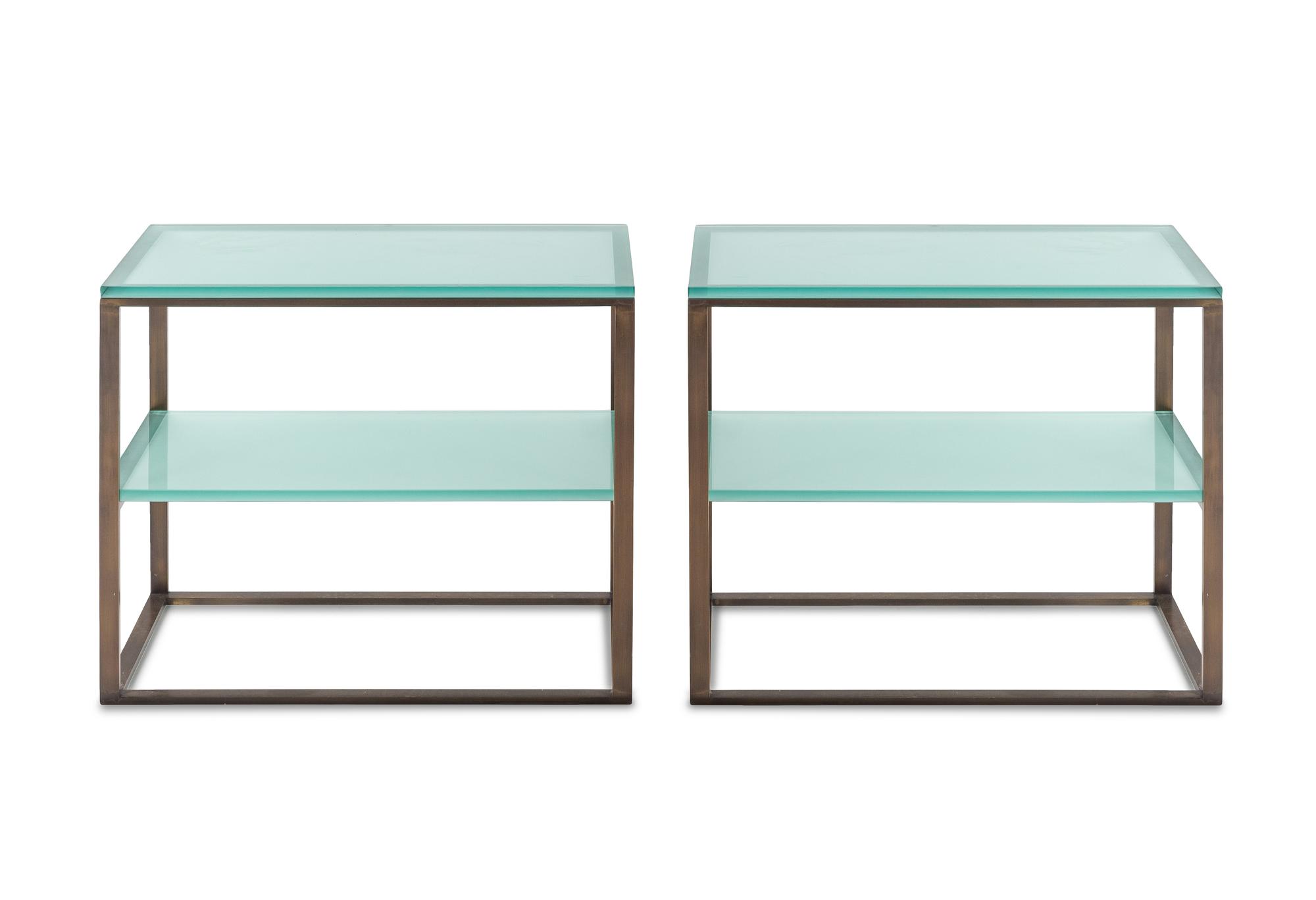 A Pair of Brass and Frosted Glass End Tables