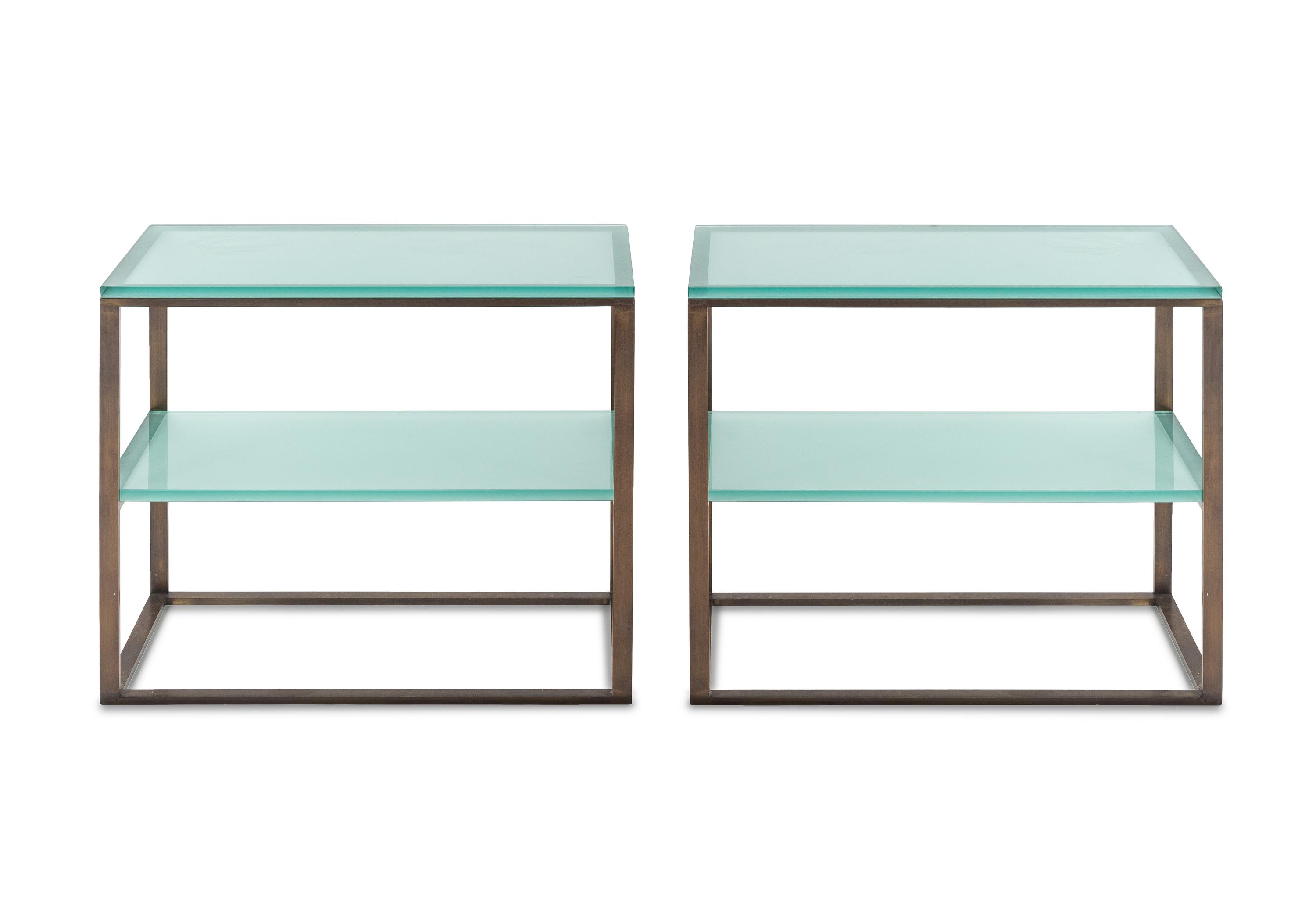 A Pair of Brass and Frosted Glass End Tables
