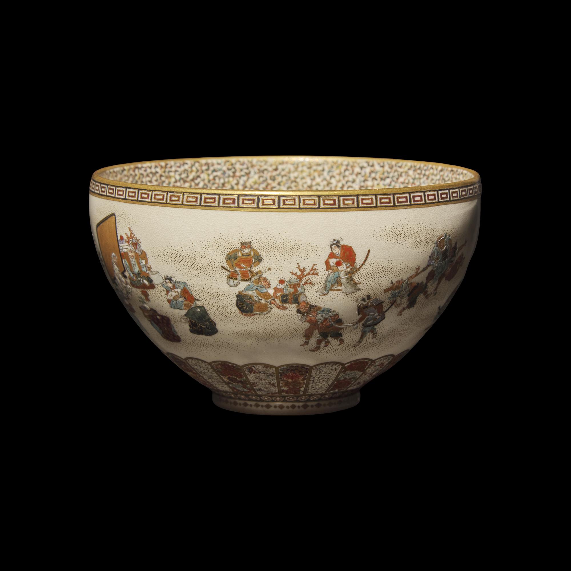 A Japanese Satsuma Type Enameled Pottery Momotaro Bowl, Yabu Meizan, Meiji Period