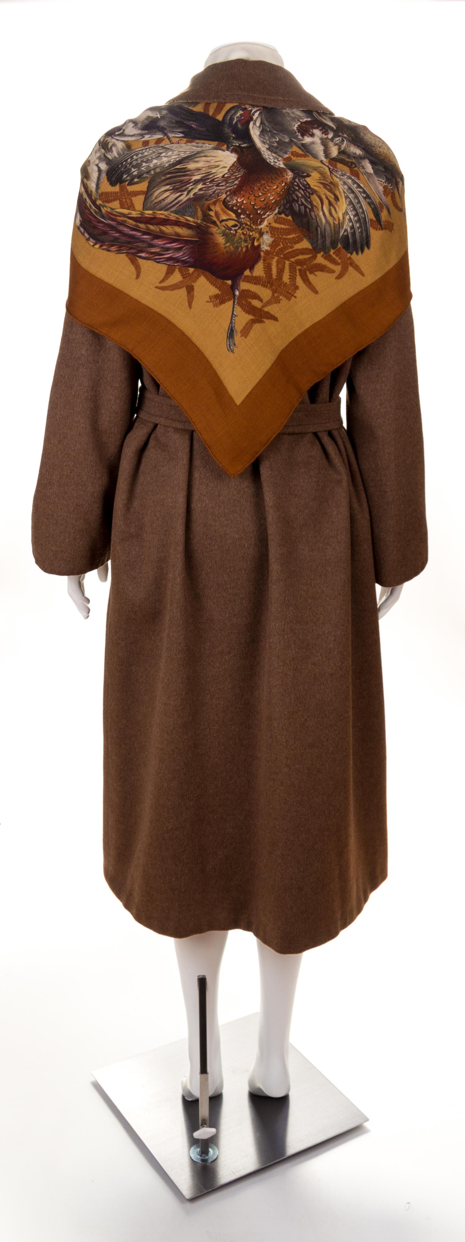 An Hermès Vintage Brown Wool Cashmere and Silk Reversible Coat and Skirt Ensemble, Coat size medium; Skirt size 40; Blouse size 44; Sca