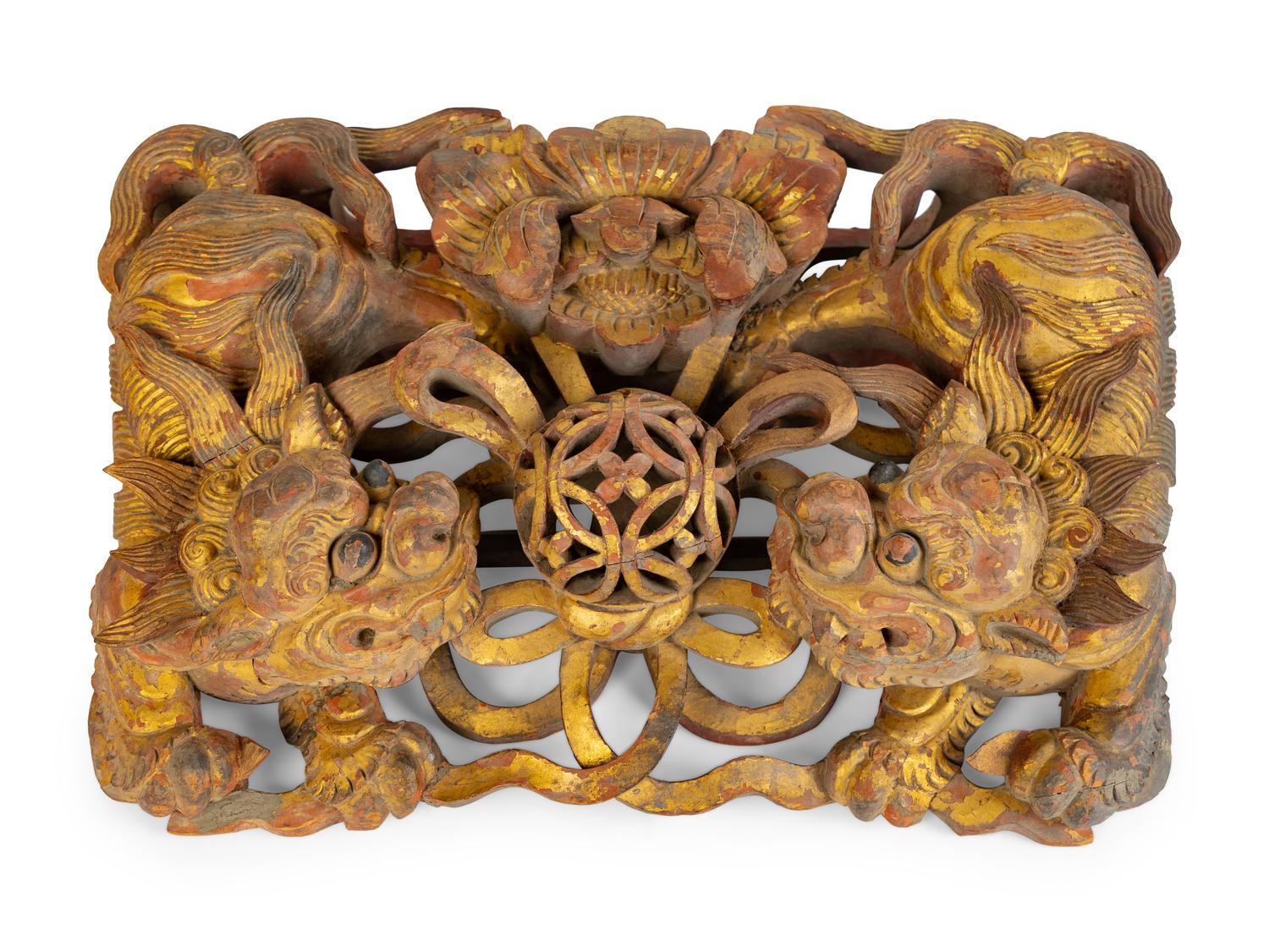 A Chinese Red and Gilt Lacquered Carved Wood Wall Panel — 19TH CENTURY