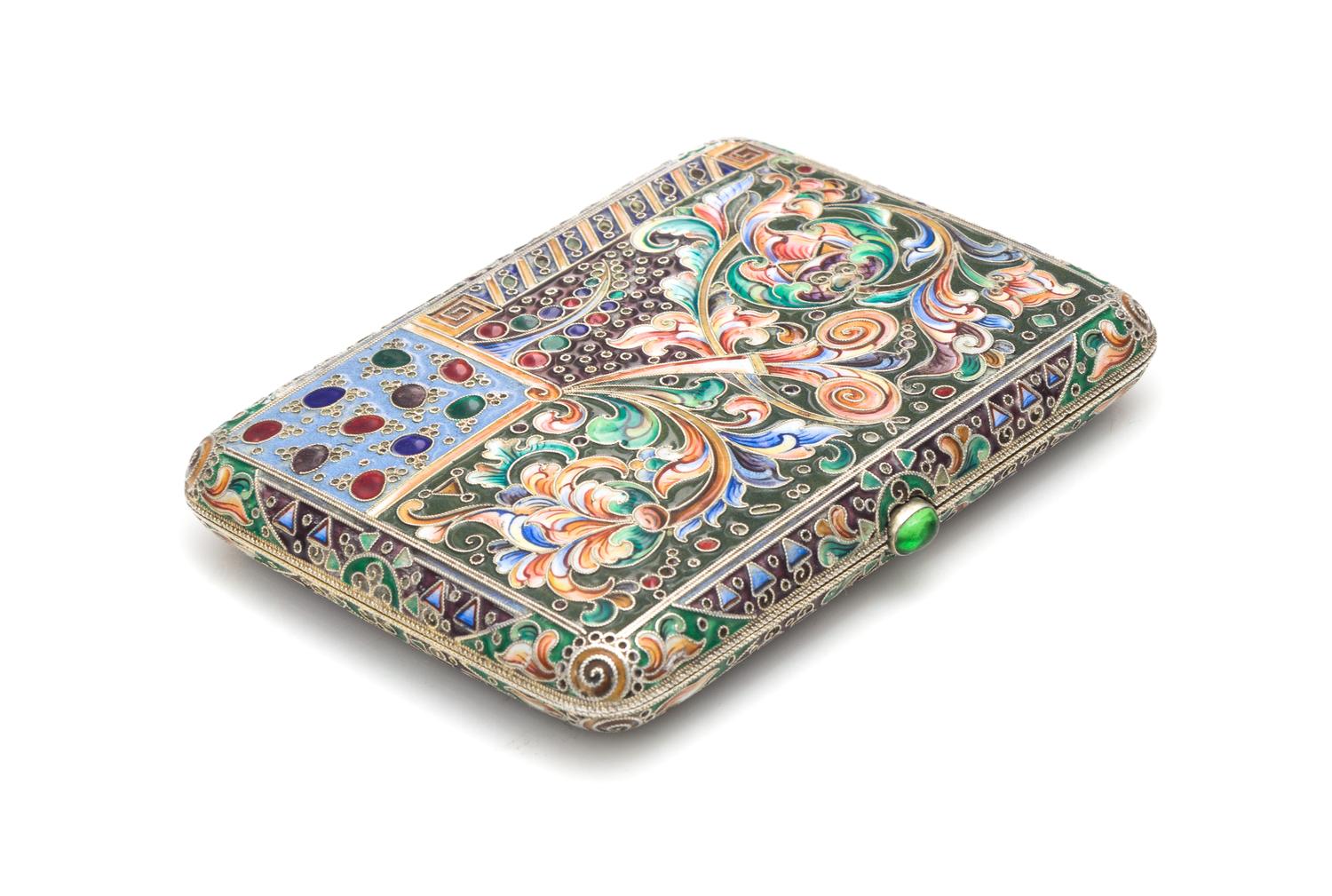 A Russian Enameled Silver Cigarette Case, Mark of Varvara Baladanov, Moscow, Late 19th/Early 20th Century, the case with polychrome fol