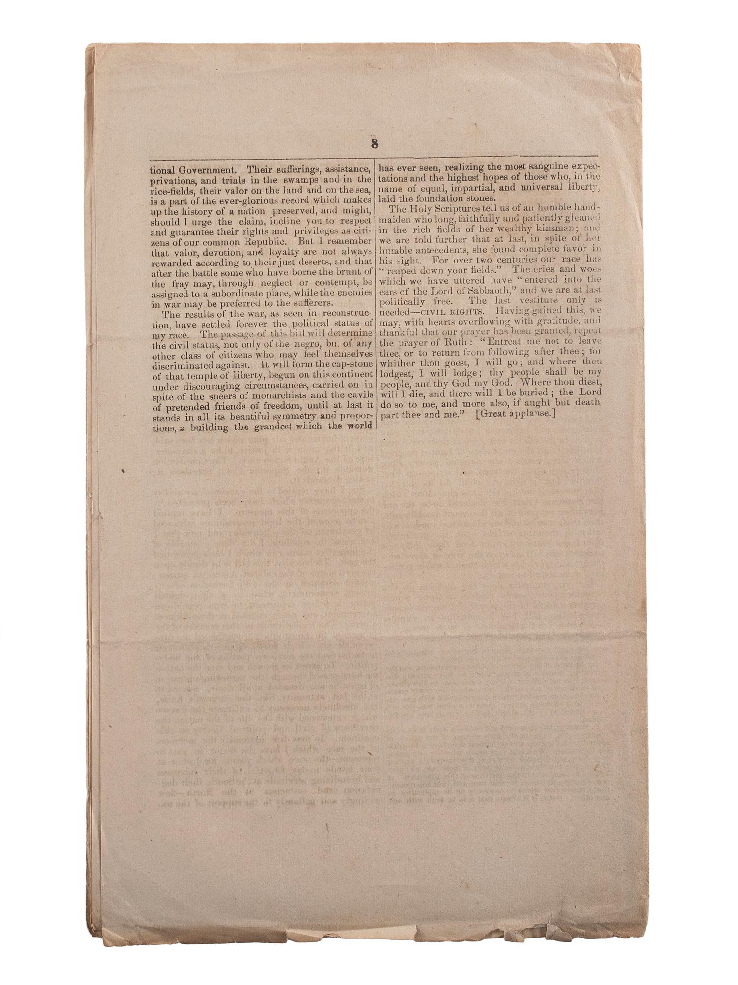 [RECONSTRUCTION - CIVIL RIGHTS]. ELLIOTT, Robert Brown (1842-1884). "Civil Rights." Speech of Hon. Robert B. Elliott, of South Carolina, in the House of Representatives, January 6, 1874. [Washington]: [Beardsley & Snodgrass], 1874.