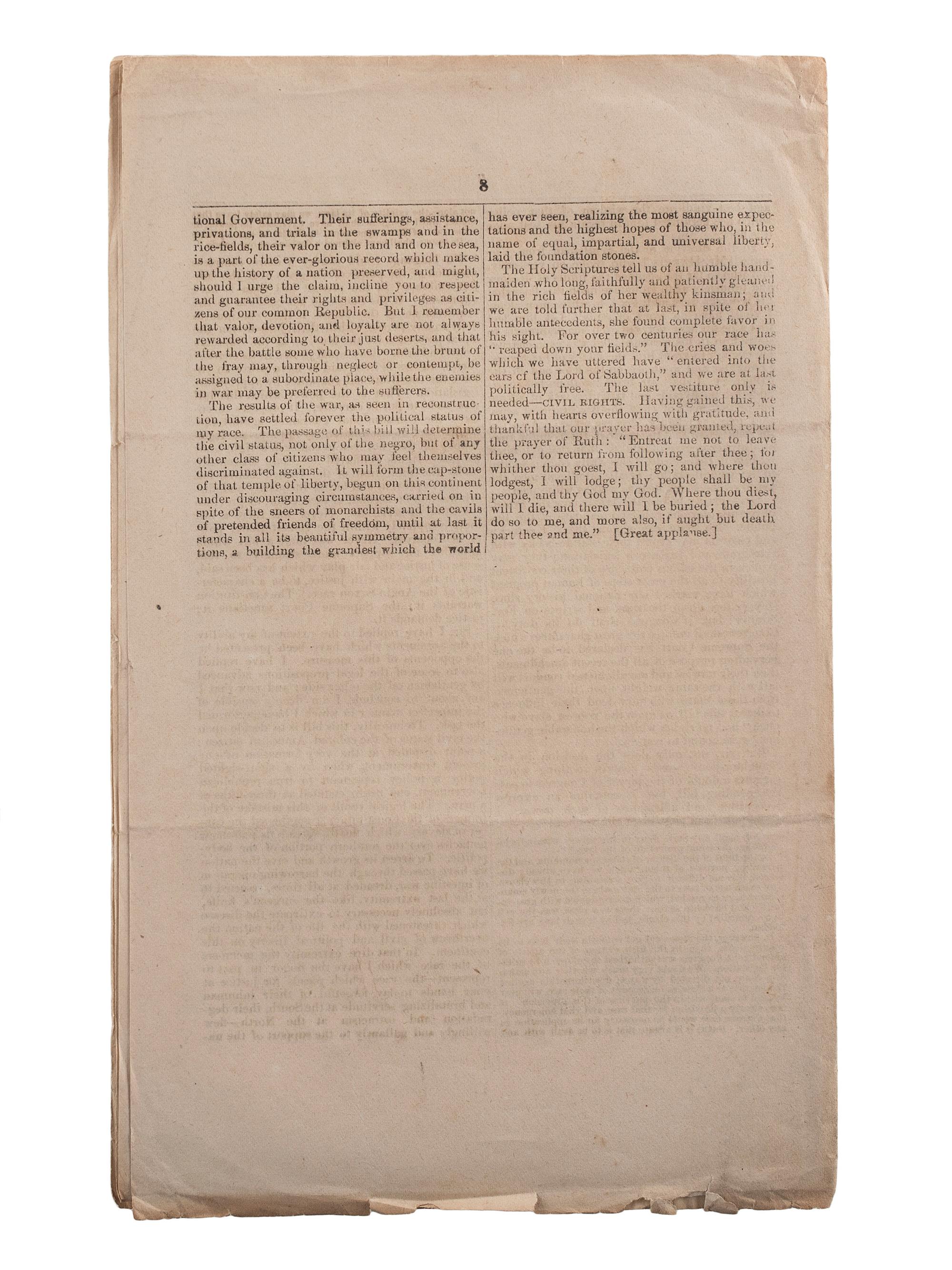 [RECONSTRUCTION - CIVIL RIGHTS]. ELLIOTT, Robert Brown (1842-1884). "Civil Rights." Speech of Hon. Robert B. Elliott, of South Carolina, in the House of Representatives, January 6, 1874. [Washington]: [Beardsley & Snodgrass], 1874.