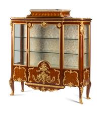 A Louis XV Style Gilt Bronze Mounted Marquetry Marble-Top Vitrine Cabinet