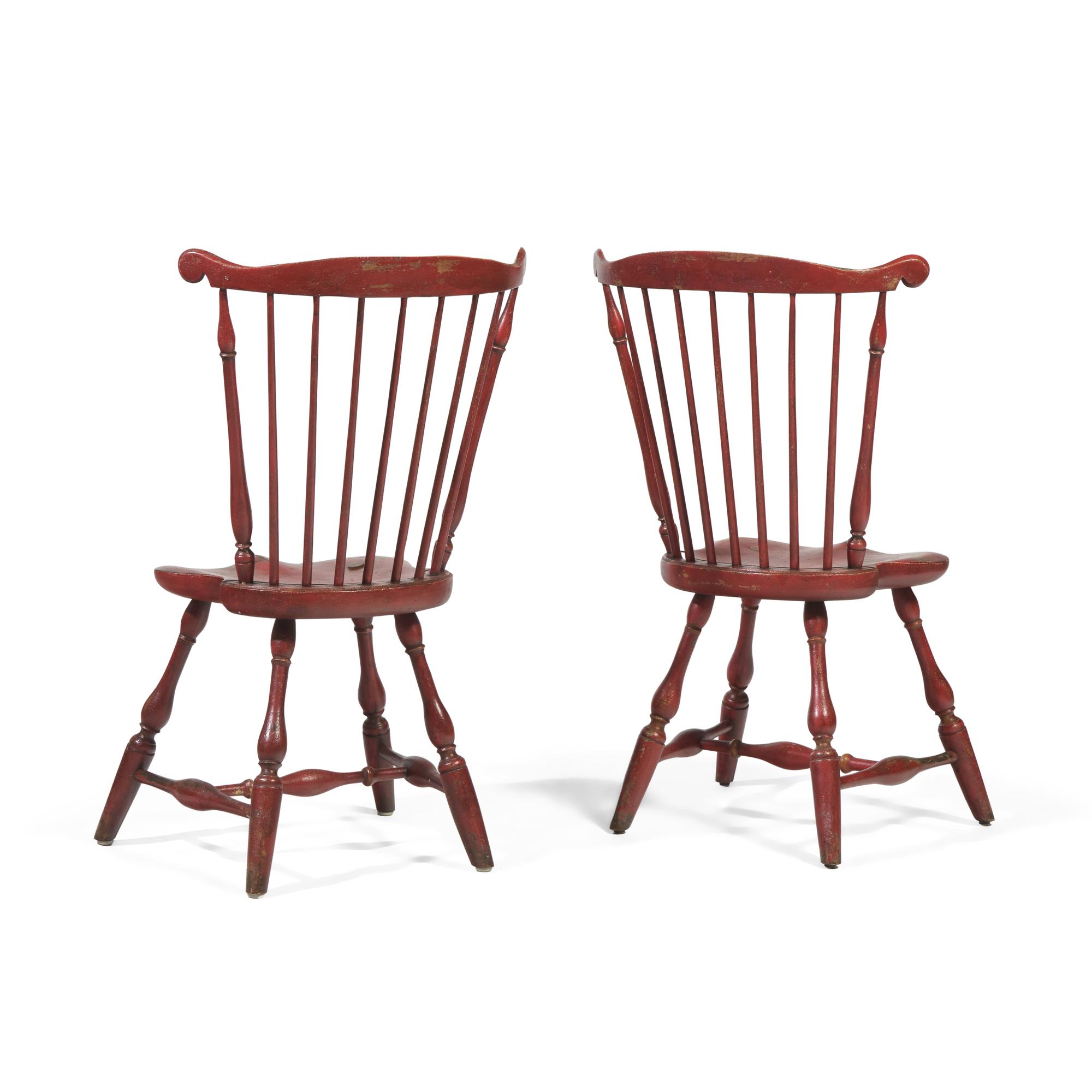 A Pair of Red-Painted Fan-Back Windsor Side Chairs