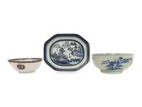 Two Chinese Export Porcelain Punch Bowls and Associated Canton Ware Platter