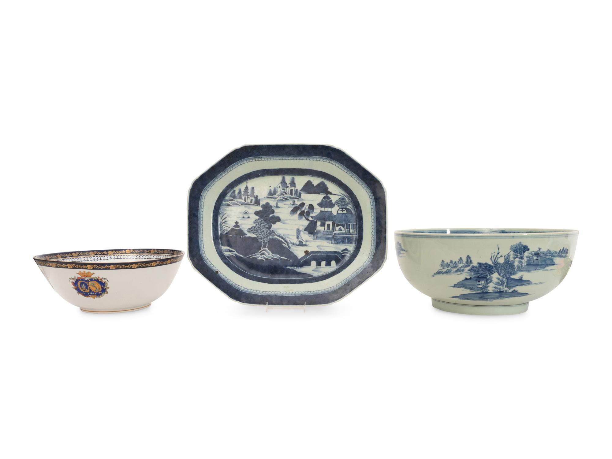 Two Chinese Export Porcelain Punch Bowls and Associated Canton Ware Platter