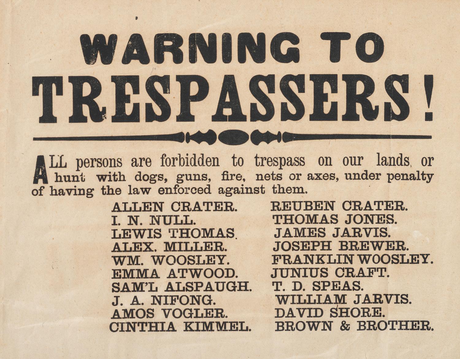 [CRIME & PUNISHMENT]. A group of 2 broadsides announcing a reward and warning to trespassers, incl. "Twenty Dollars Reward" issued to Germantown and Bristol Townships, Pennsylvania, by Charles J. Wister, 1844.