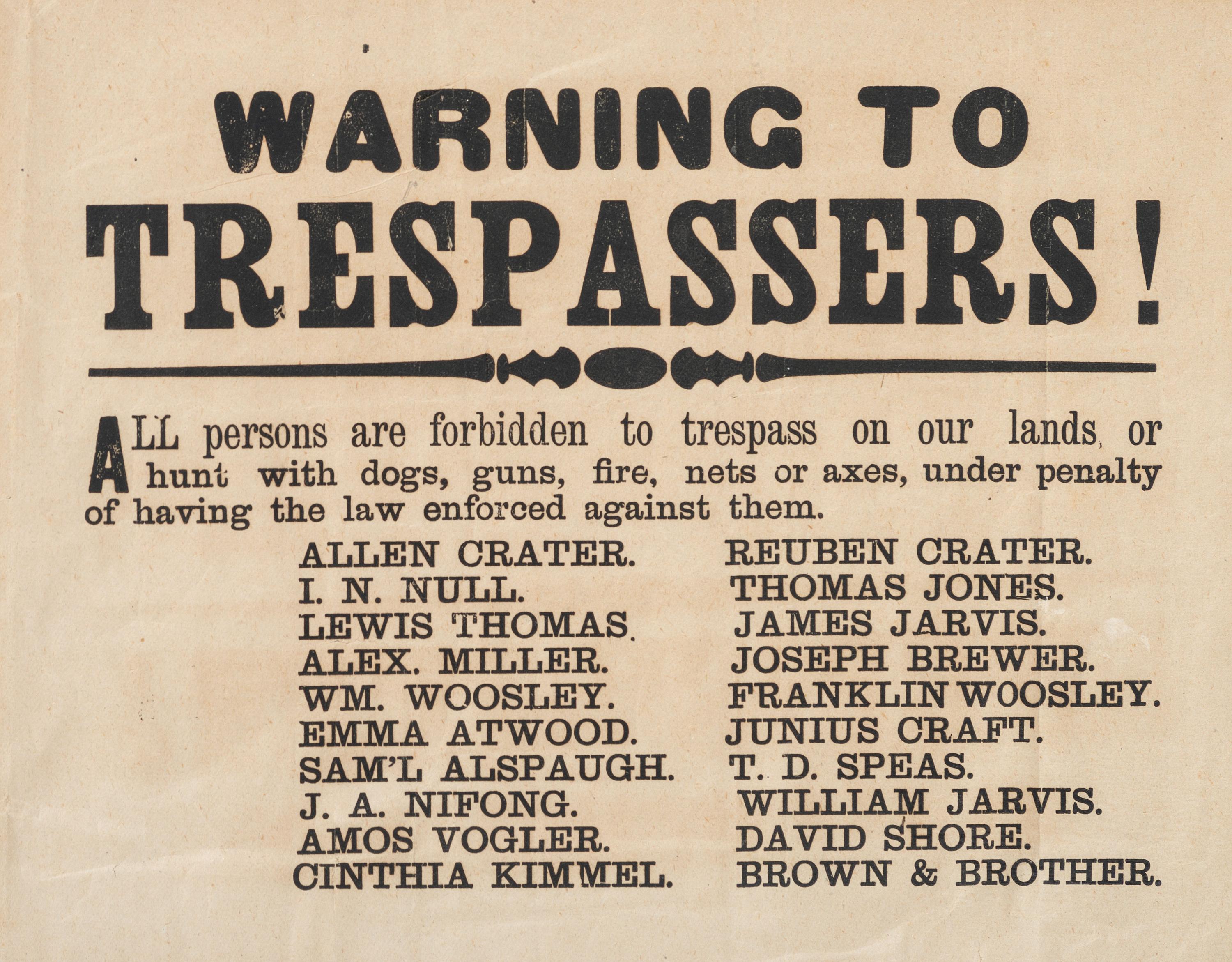[CRIME & PUNISHMENT]. A group of 2 broadsides announcing a reward and warning to trespassers, incl. "Twenty Dollars Reward" issued to Germantown and Bristol Townships, Pennsylvania, by Charles J. Wister, 1844.