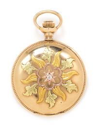 A 14 Karat Tricolor Gold and Diamond Hunter Case Pocket Watch, Elgin, Circa 1907, 22.40 dwts.