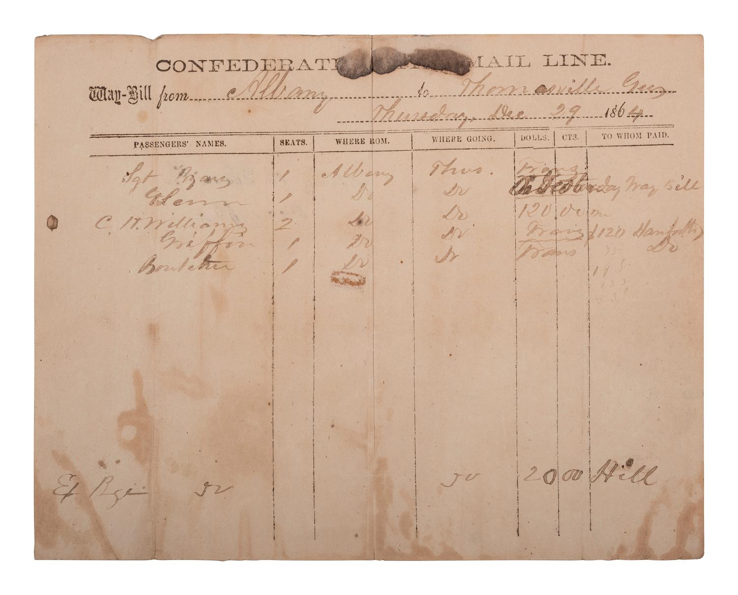 [AFRICAN AMERICANA] -- [CIVIL WAR]. Confederate States Mail Line waybill detailing a coach and its passengers, including enslaved persons "Glenn," "Griffin," and "Boutcher." 29 December 1864.